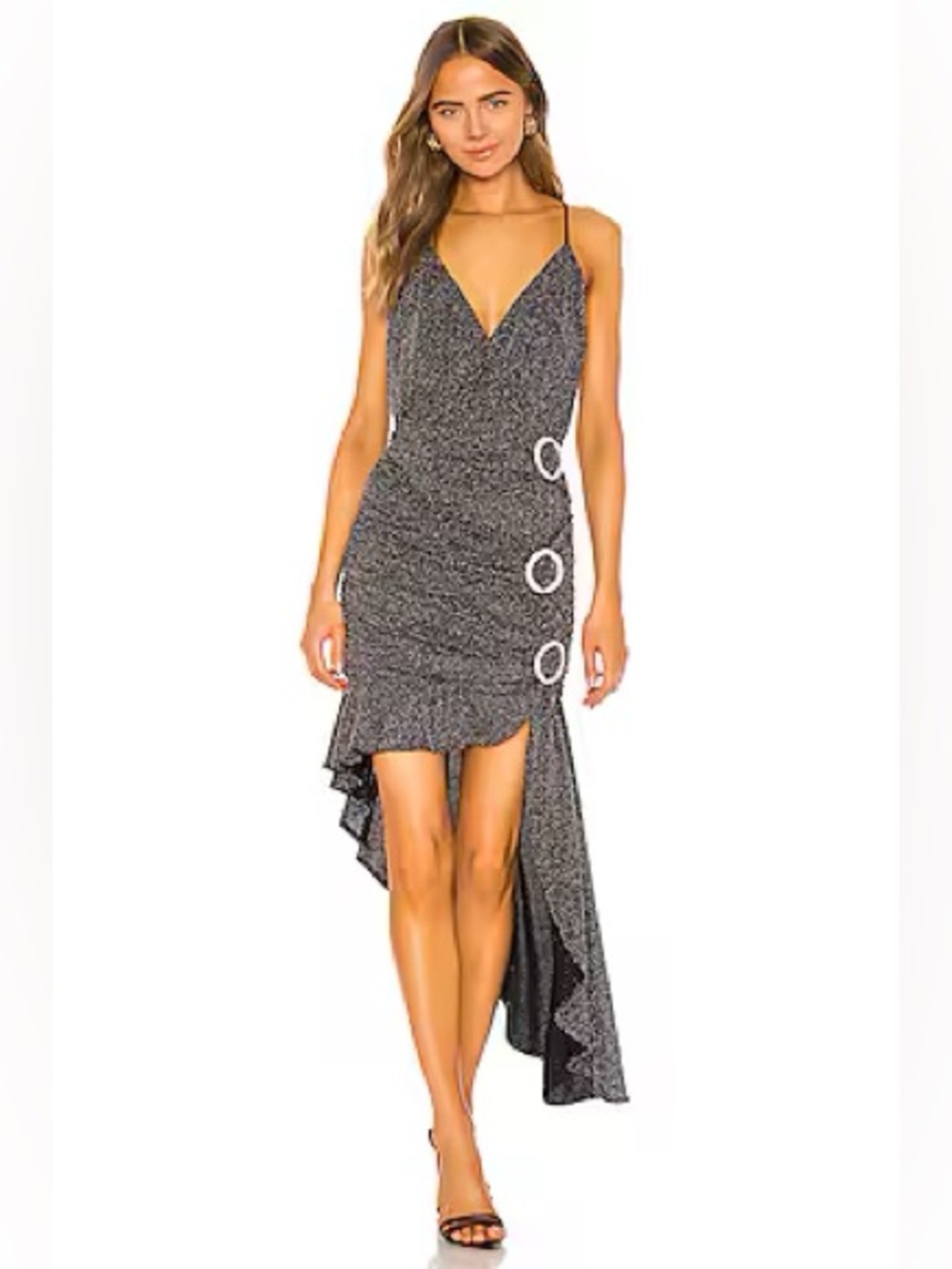 For Love & Lemons Margaux Glitter Dress in Metallic Black Asymmetric - Picture 6 of 11